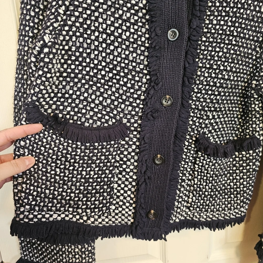 Ann Taylor Navy Tweed Knit Heavy Ruffle Button Down Blazor Sweater Jacket - Picture 7 of 10